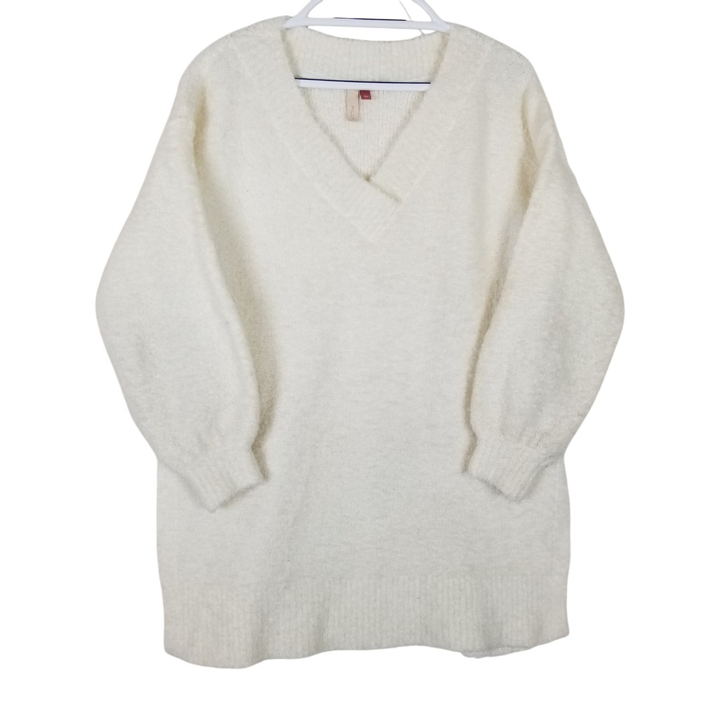Pilcro Anthropologie Womens V-Neck Boucle Sweater Cream White Wool Blend Small